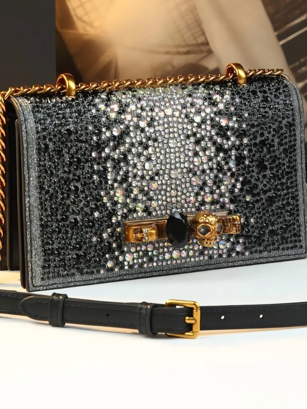 Embellished Black Crystal Crossbody Bag with Gold Hardware